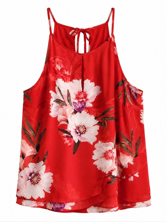 le chateau Tops - le chateau Red Floral Halter Tank with Open Back Tie Sz 2X